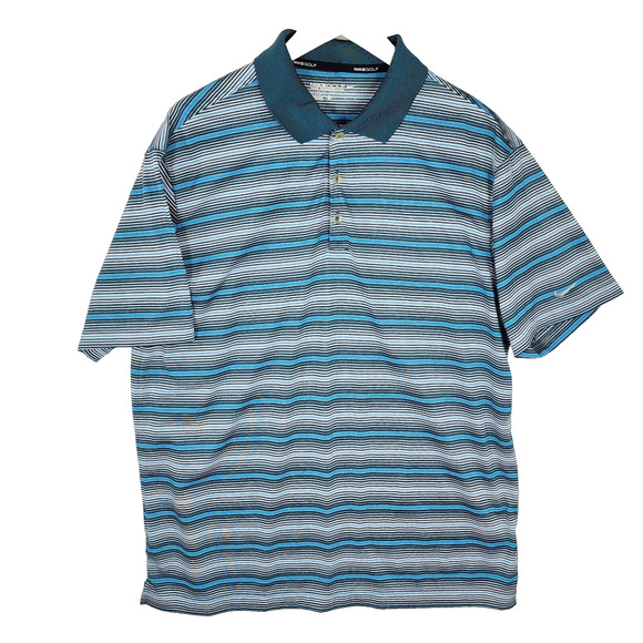 Nike Golf Shirt Mens L Tour Performance Dri-Fit Blue Grey Stripe Short Sleeve - Picture 1 of 4